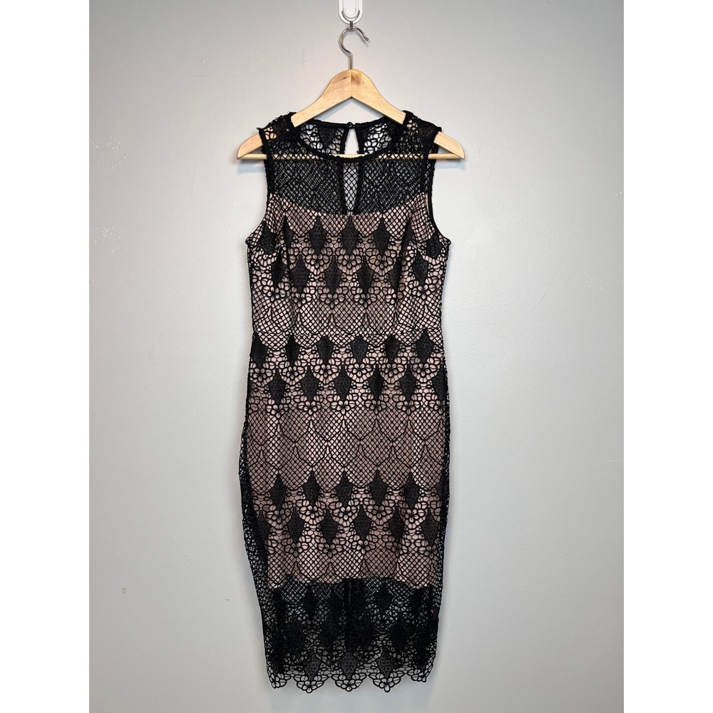 Bisou Bisou Black Lace Dress 10 Nude Lining Illusion Cocktail Sheath Party Midi